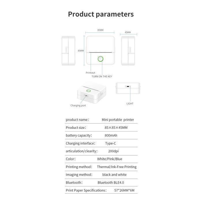 2windeal® Mini Thermal Printer, Portable Bluetooth Inkless Printer with 13 Paper Rolls, 5 Pens, PR Memo DIY Photo