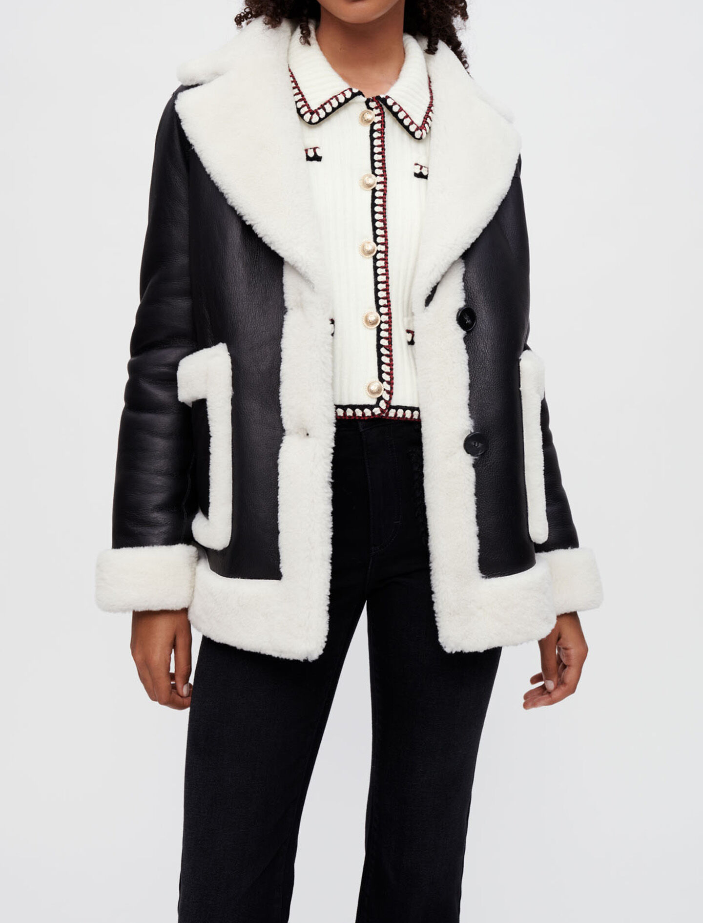Palton din shearling bicolor - Negru
