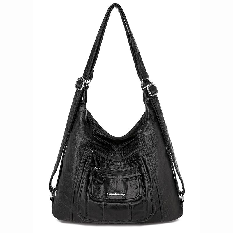 Sac bandoulière en cuir PU souple lavé, de marque et de haute qualité, noir, grande capacité, sac de loisirs classique et solide pour femme.