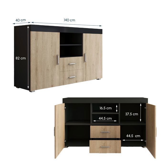 Buffet de Salon ROQUE 140x80x40 cm - Enfilade 2 Portes 2 Tiroirs - Coloris Noir et Chêne Sonoma - Rangement Séjour