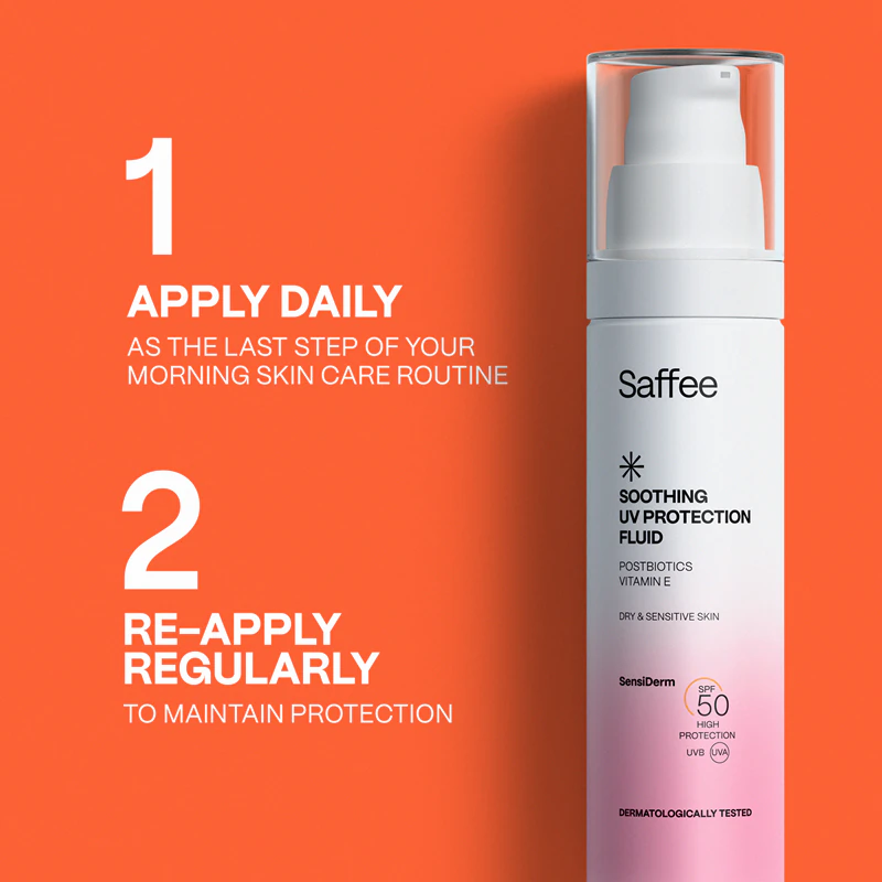 Saffee SensiDerm Soothing UV Protection Fluid is een beschermende vloeistof voor de droge en gevoelige huid.