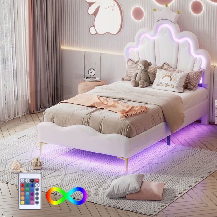 Cama infantil de 90x200 cm - IN THE CLOUDS - NMONET - LED - Cabecero en forma de corona - Blanco