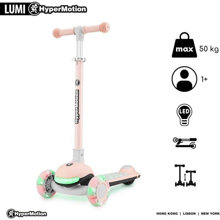 Trottinette Enfant 3-en-1 - HyperMotion - LUMI - Siège Réglable - Pliable - Lumières LED - Rose