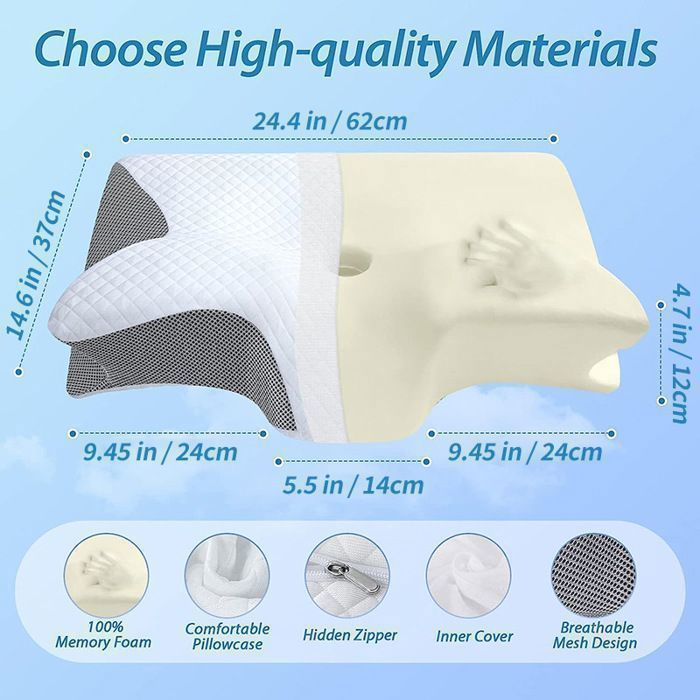 Cuscino ortopedico 2 in 1 in memory foam per collo, per dormire supino e sulla schiena, 60 x 37 x 11/13 cm, grigio