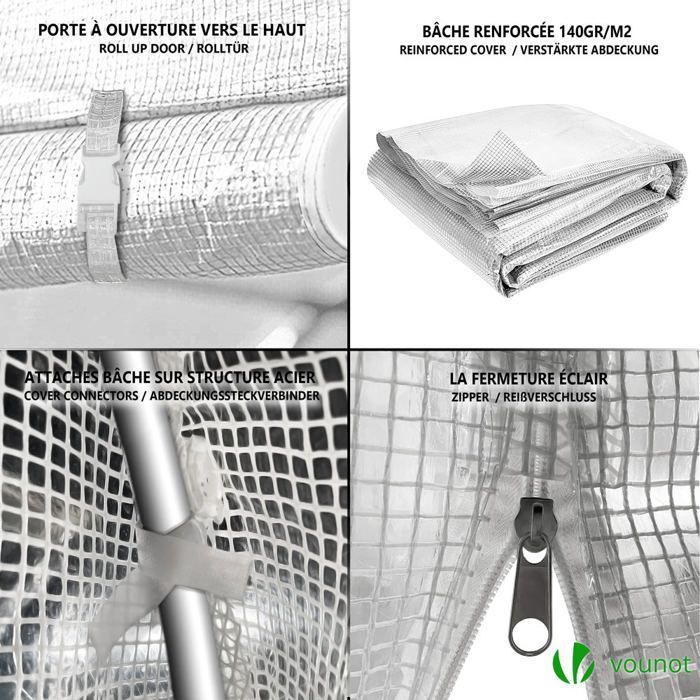 Invernadero tipo túnel VOUNOT® para todas las estaciones, 12 m², blanco - Acero galvanizado - Ventanas y puertas laterales enrollables con cremallera