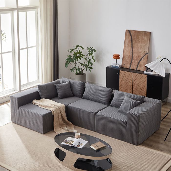 Sofá modular DRIPEX de 4 lugares em veludo cotelê, 335 cm, sofá estofado compacto com 4 almofadas, combinação livre, cinza