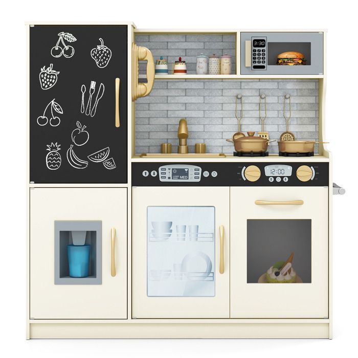 Cocina de juguete de madera COSTWAY para niños de 3 a 6 años con teléfono, pizarra, microondas, máquina de hielo y 7 accesorios - Beige
