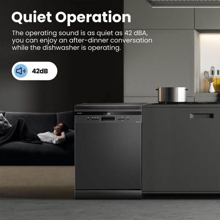 Lavastoviglie a libera installazione Comfee FD1535E-DX, larghezza 60 cm, 42 dB, 15 coperti, 8 programmi, display a LED, acciaio inox scuro, a basso consumo energetico.