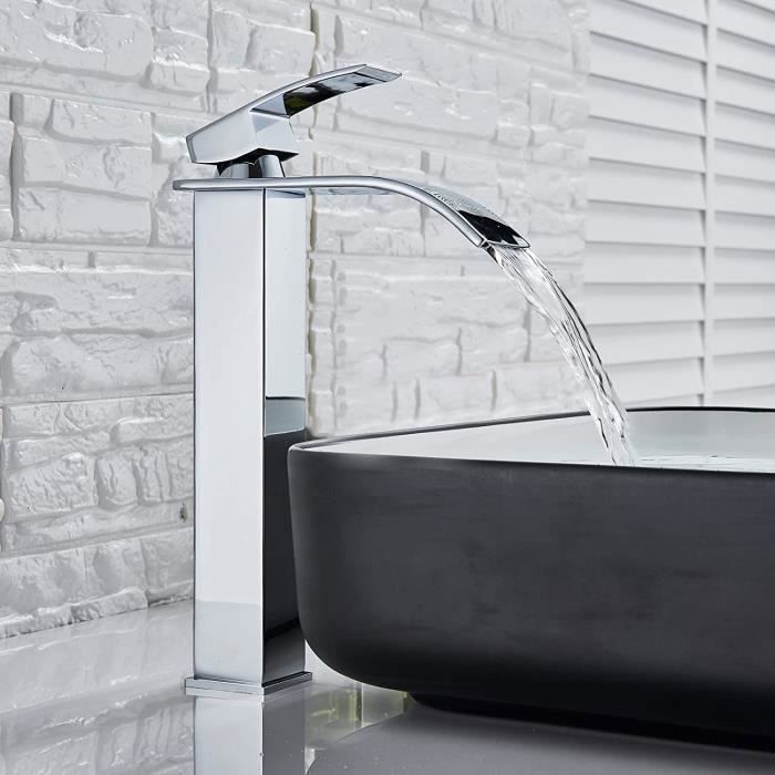 Waterfall Bathroom Faucet, Waterfall Basin Faucet with Adjustable Height Spout, Hot and Cold Water Mixer Tap in Stainless Steel
