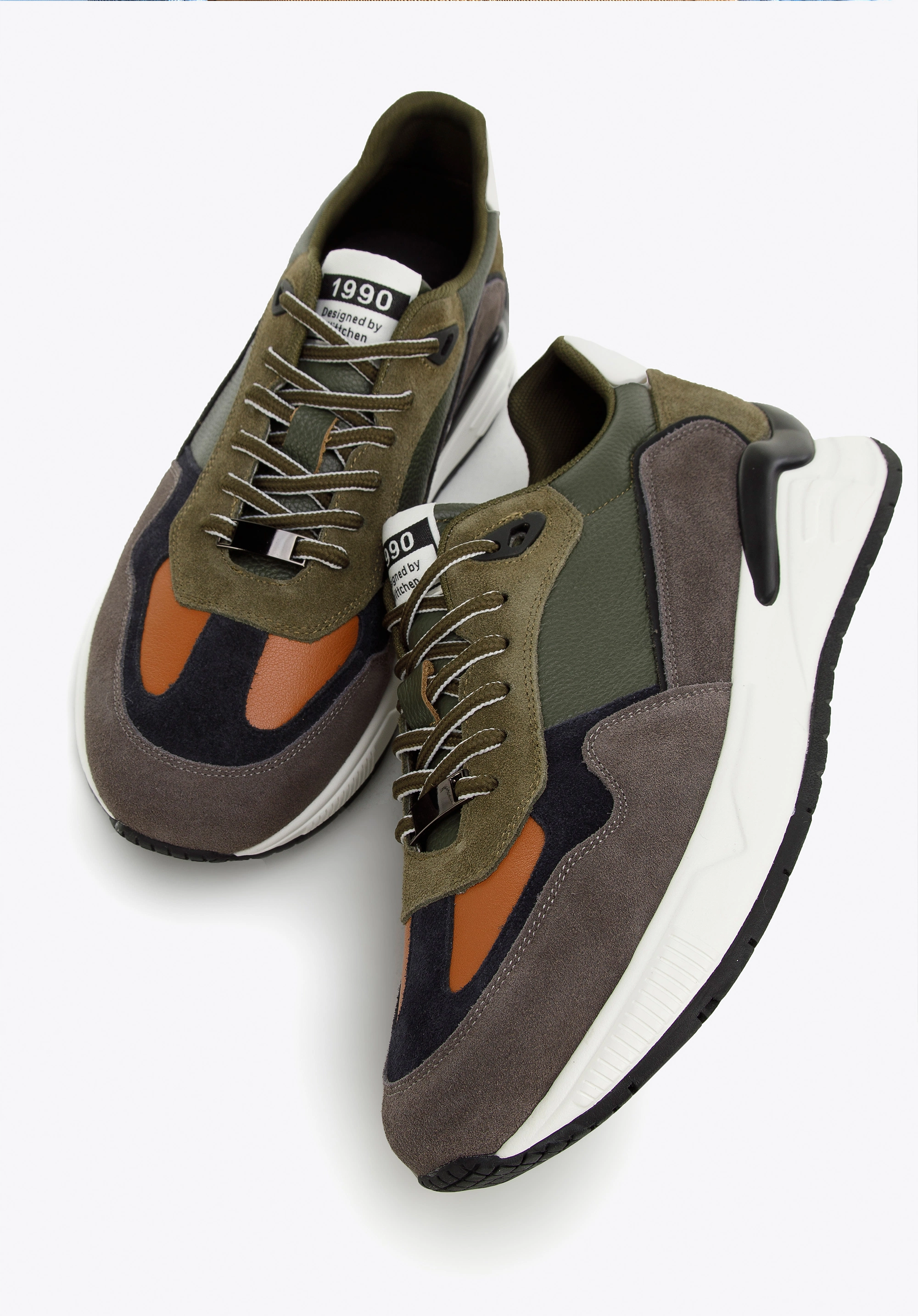 Męskie sneakersy skórzane z motywem w jodełkę zielono-szare