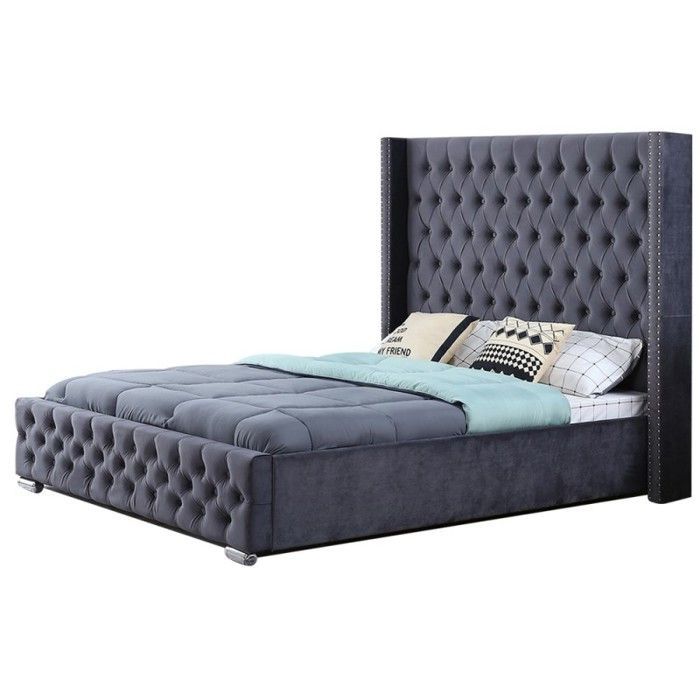 Lit Design Grande Tête De Lit Lia - Velours Gris - 140x190