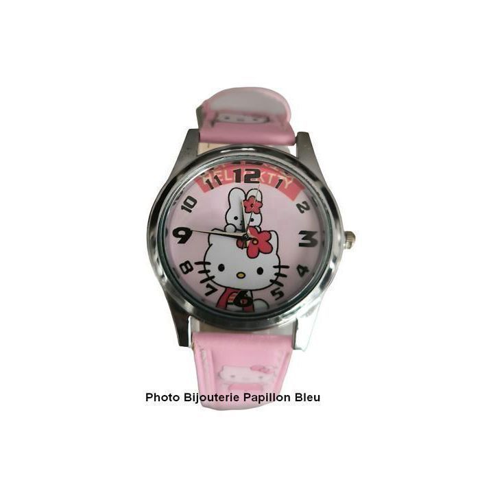 Reloj infantil - Diseño - Hello Kitty - Piel - Rosa - Esfera - Acero - Gris - Cuarzo - Números arábigos