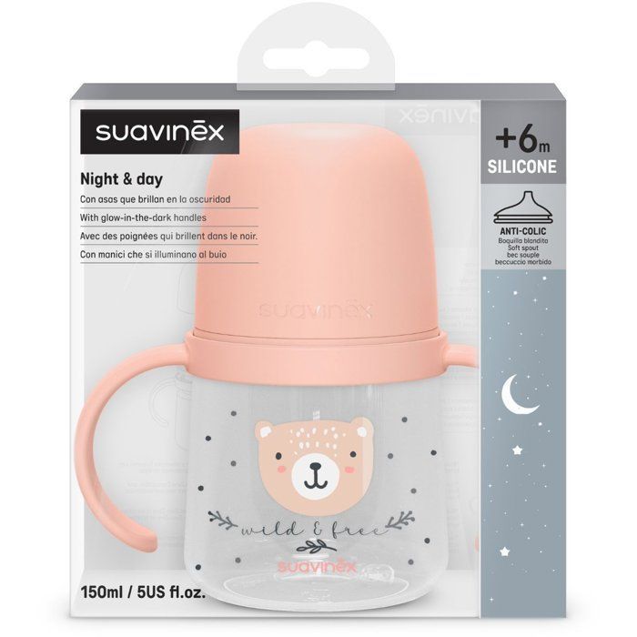 Babyfles met handvatten - SUAVINEX - NIGHT&DAY WILD&FREE - 150 ml - 6 maanden en ouder - Roze