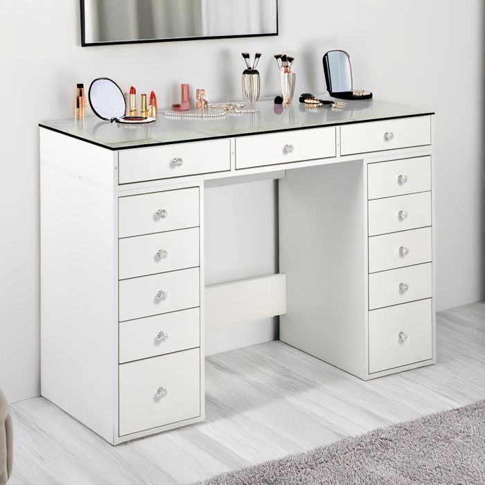 MENZZO Coiffeuse moderne avec 13 tiroirs et plateau en verre transparent L120cm Probeauty Blanc