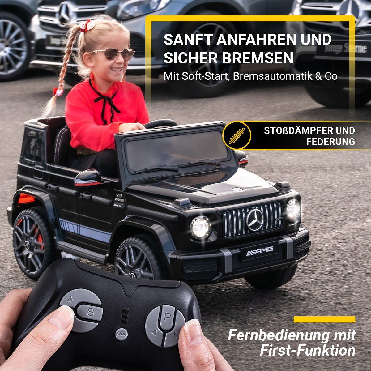 Actionbikes Motors elektrische kinderauto Mercedes Benz AMG G63 - Elektrische kinderauto voor kinderen vanaf 3 jaar, maximaal draagvermogen 35 kg, (set van 2 stuks), softstart schokdempers