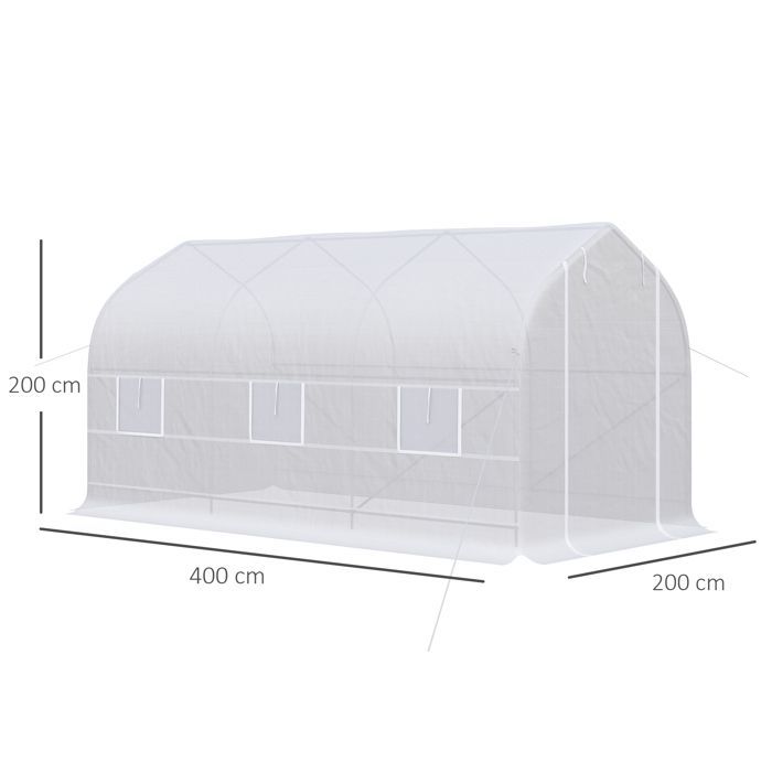Invernadero tipo túnel Outsunny de 8 m² - con 2 puertas y 6 ventanas - Cubierta de PE de 140 g/m² - 400 x 200 x 200 cm - Blanco