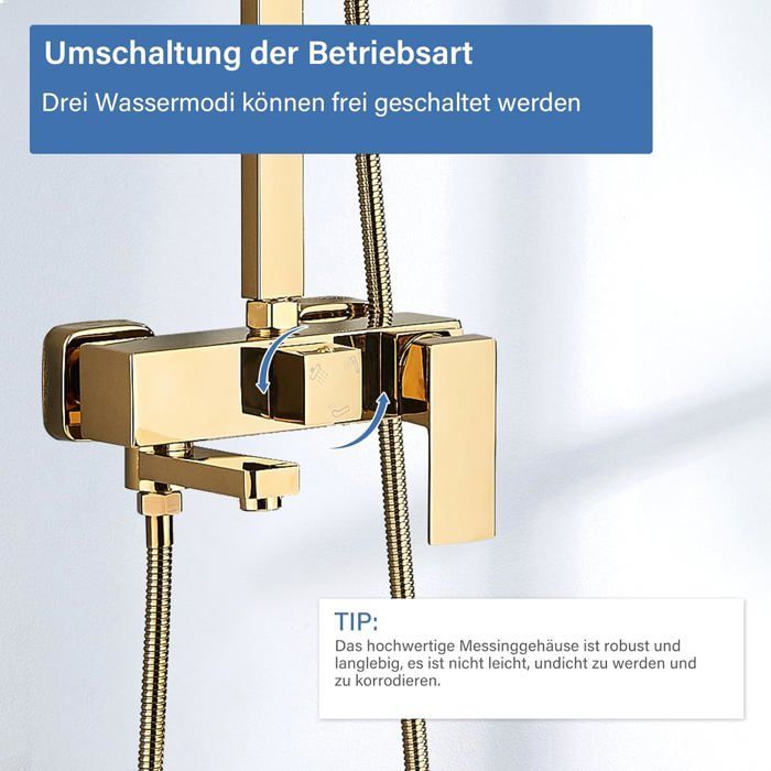 Goldene Duschsäule, Duschsystem, Duschset, Wandbrause-Set, höhenverstellbar 750–1100 mm mit Handbrause