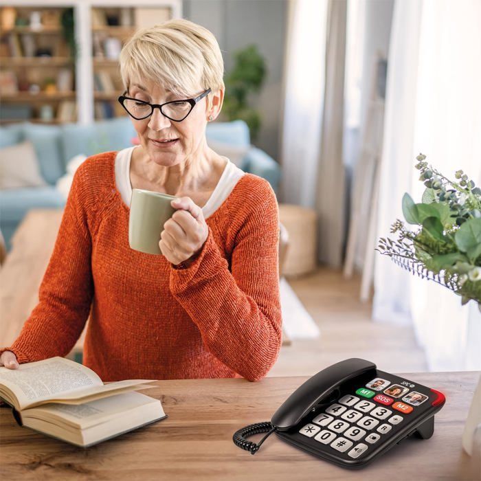 Senior-friendly landline phone with large buttons - SUTEO - +20dB amplifier - 6 direct contacts - Hands-free