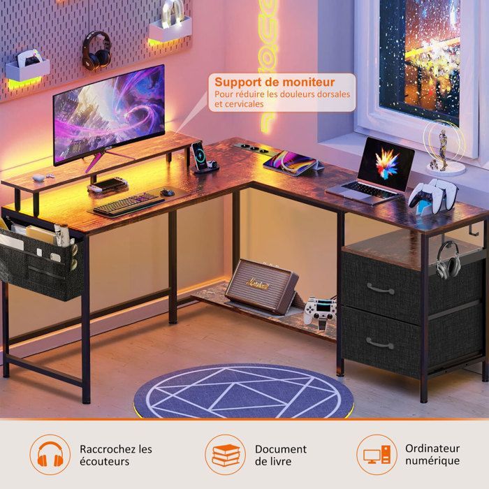 Bureau Gaming en Forme L-120x120x75 CM-Bureau d'Angle avec Étagère Rangement-Avec Support de Moniteur-2 USB-3 Prises-Marron