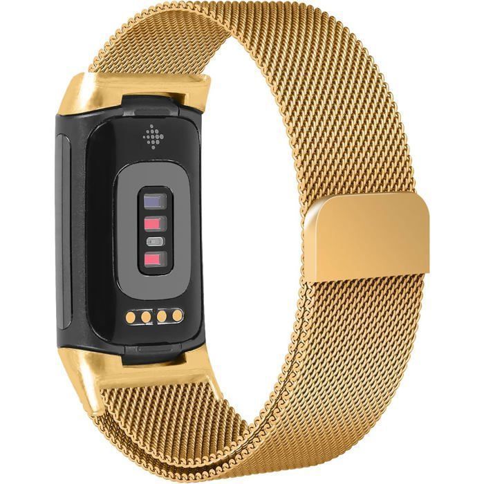 Luxe Milanese armband van roestvrij staal, compatibel met de Fitbit Charge 5/6 activity tracker, elegante champagnekleurige afwerking.