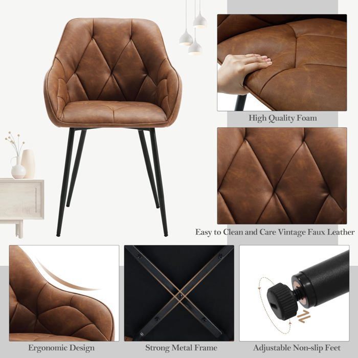 WOLTU Lot de 6 Chaises de Salle à Manger, Chaise de Cuisine Rembourrée en Simili Cuir Vintage, Pieds en Métal, Marron W0ATT0144-6