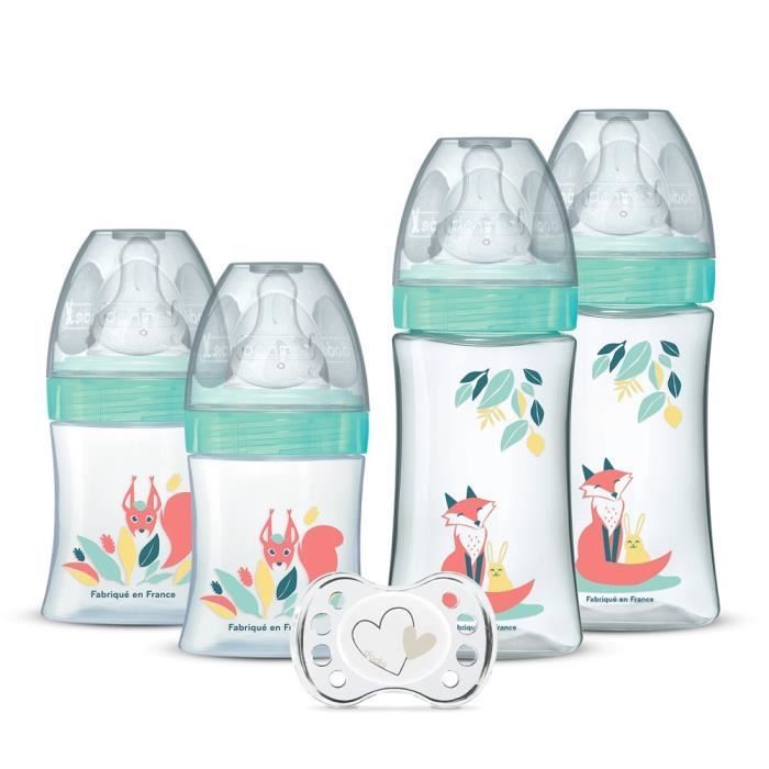 DODIE Set of 4 newborn bottles with anti-colic round teats (2 x 150ml and 2 x 270ml), plus a newborn pacifier