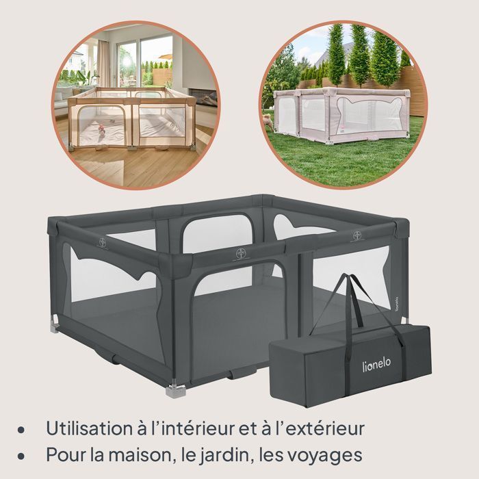 Parque infantil de 180x150 cm - LIONELO Florence - Montaje muy rápido - Espacio extragrande - Para interior/exterior - Bolsa incluida - Gris