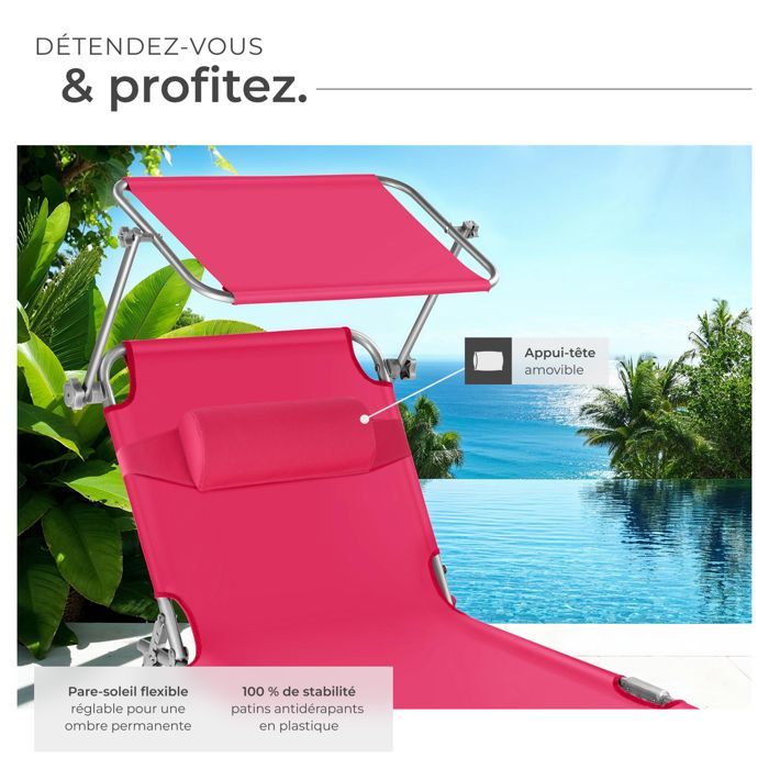 Sun lounger - TECTAKE - CHLOE folding garden sun lounger with 4 positions and headrest - Bright Pink