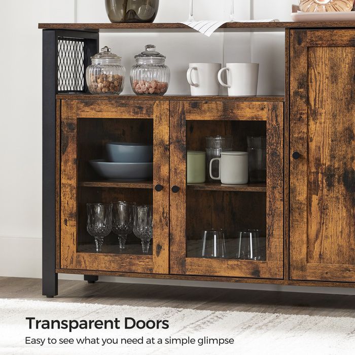 Mueble de almacenamiento VASAGLE, aparador, armario de cocina, vitrina, con 3 puertas, 33 x 110 x 75 cm, marrón rústico y negro.