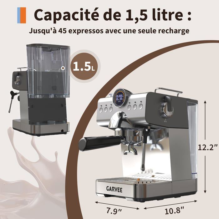 Cafetière expresso semi-automatique 20 bar avec broyeur intégré – Acier inoxydable – Buse vapeur – Compacte et facile à nettoyer