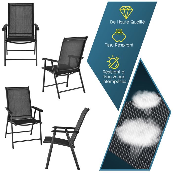 Juego de 2 sillas plegables de jardín para exteriores COSTWAY, con cierre de seguridad, estructura metálica y capacidad de carga de 150 kg, ideales para patio o playa. Color negro.
