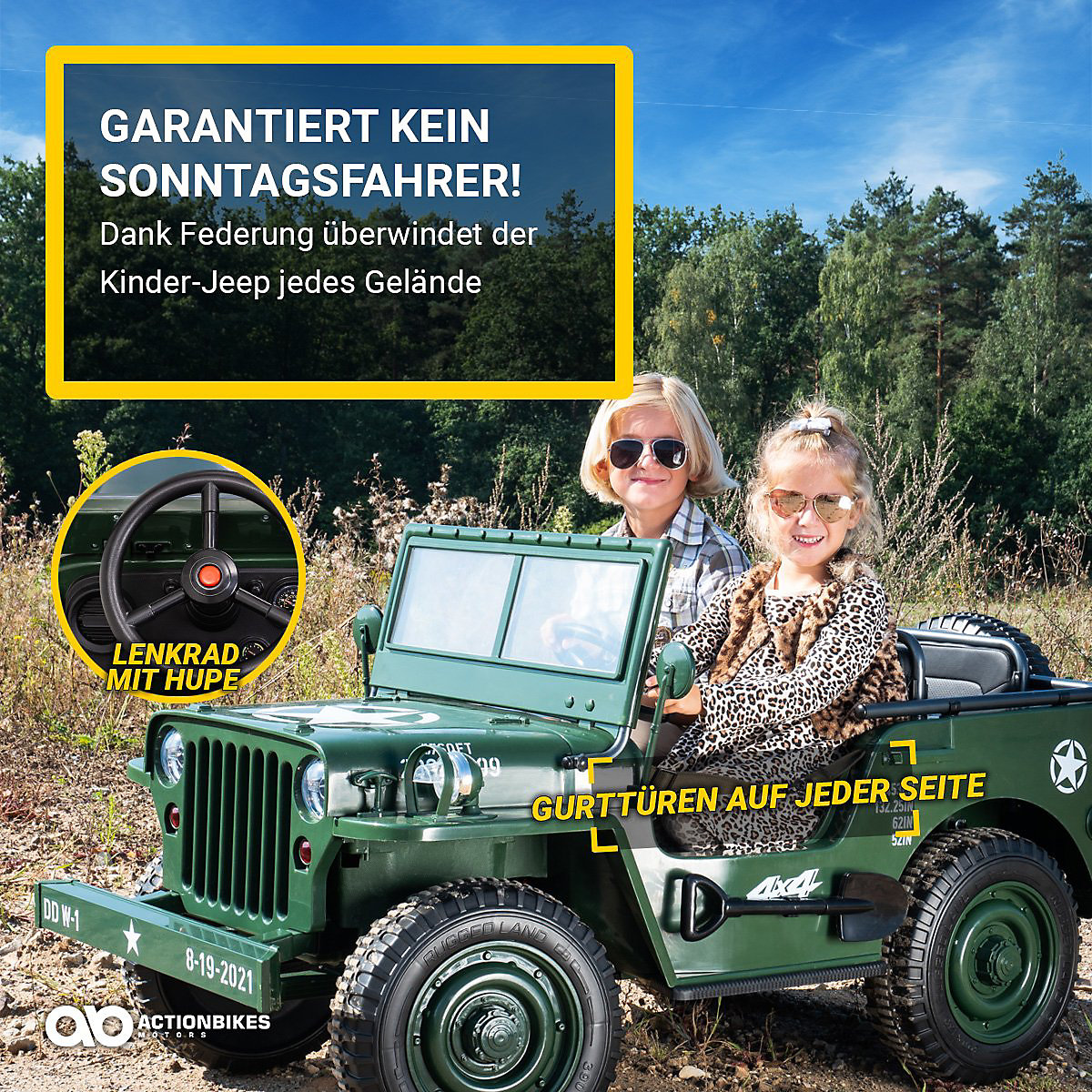 Dětské elektrické autíčko Jeep Willys - 4x45 wattů - dětské autíčko s dálkovým ovládáním - zelený zvukový modul