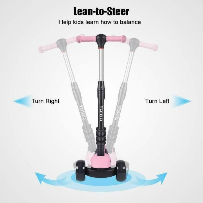 Patinete infantil YOLEO de 3 rodas com assento ajustável e rodas de LED - Rosa