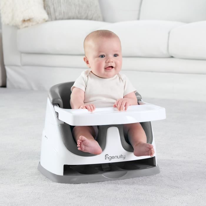 Seggiolino rialzato INGENUITY per bambini dai 6 mesi ai 3 anni, base 2 in 1, grigio, vassoio rimovibile, facile da riporre e pulire.