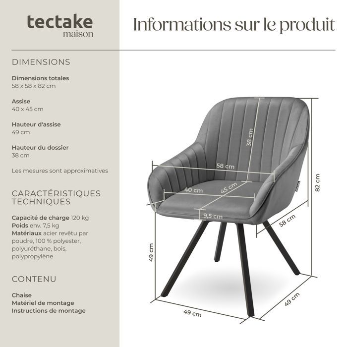 Silla - TECTAKE - Sillón giratorio SNUG de 360° con reposabrazos acolchados de terciopelo - Gris