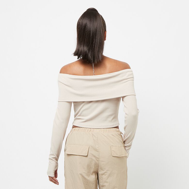 Geribbelde crop top met lange mouwen en Bardot-model