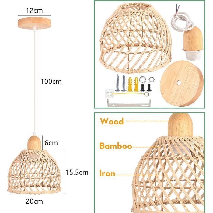 iDEGU 2pcs Rétro Suspension Luminaire en Bois et Bambou Plafonnier Industriel E27 Lustre Abat-Jour Design Spirale Cage,20cm