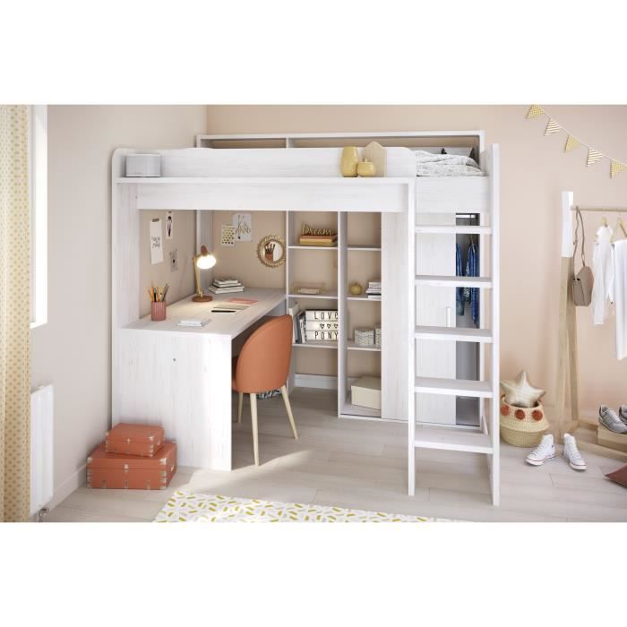 Cama alta infantil PARISOT Lena - Pino Petterson - Base de láminas incluida - 90 x 200 cm