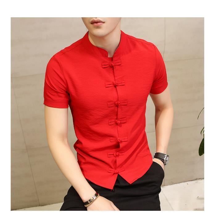 Camisa - FUNMOON - Manga corta - Corte ajustado - Cuello mandarín - Roja