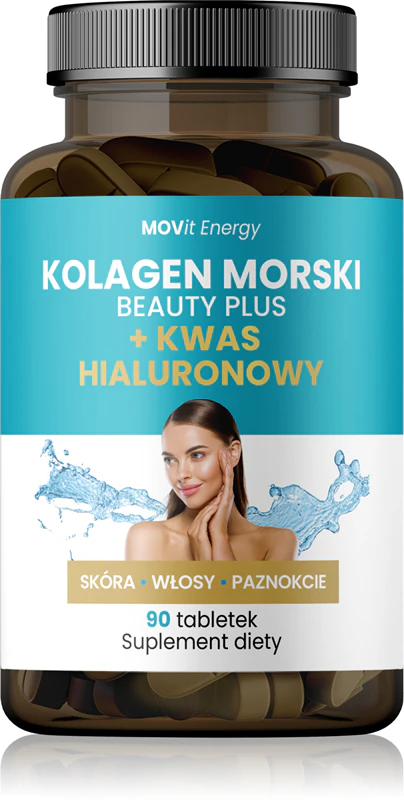 Comprimidos de suplemento alimentar Movit Energy Marine Collagen Beauty Plus + Ácido Hialurônico para cabelo, pele e unhas.