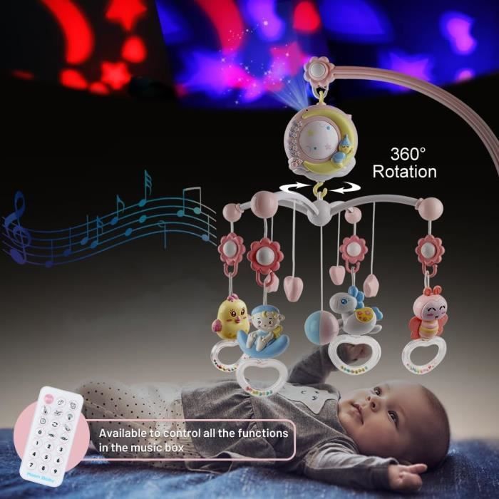 Giostrina musicale telecomandata per culla con proiezione di luci, musica e giocattoli rotanti - Rosa
