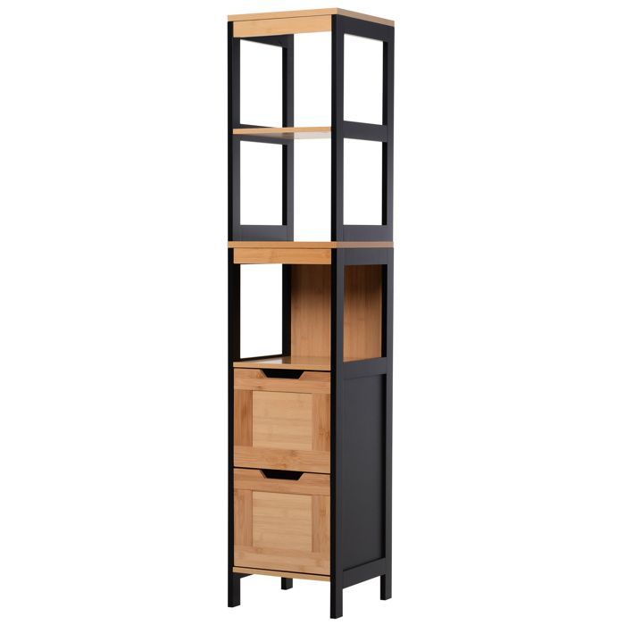 Meuble colonne salle de bain - HOMCOM - style cosy 3 étagères 2 tiroirs rangement gain de place - bambou - 30x30x144cm - noir