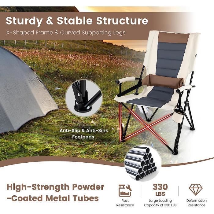 Silla plegable de camping GOPLUS con cojín lumbar y portavasos, silla acolchada con capacidad de carga de 150 kg, para picnics y pesca.