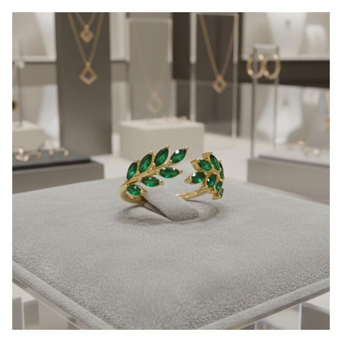 Women's 18k Gold Plated Ring – Elegant Foliage Design – Marquise Cut Green Cubic Zirconia – Refined and Trendy Jewelry – Christmas Gift