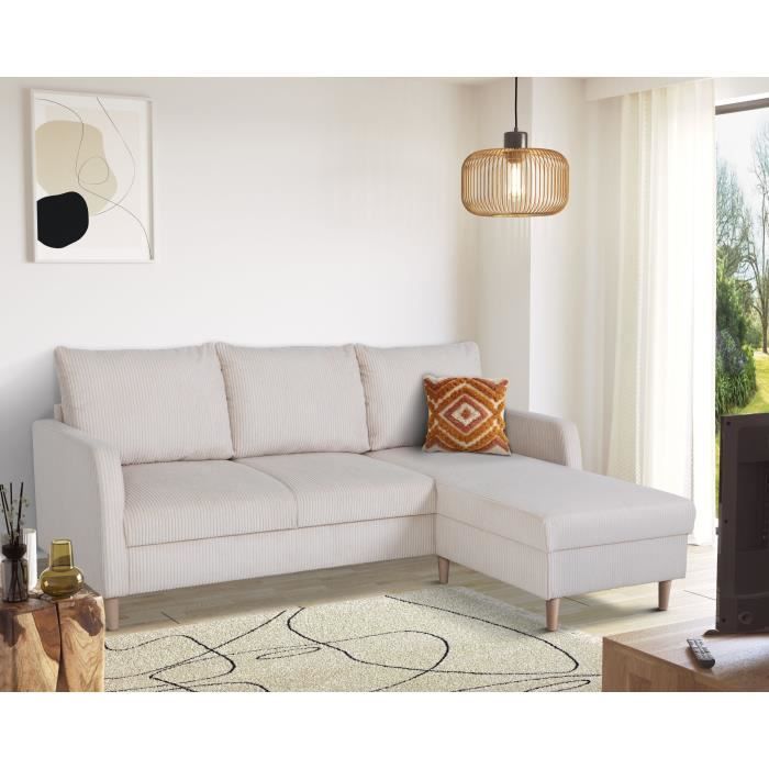 Sofá de canto fixo - 3 lugares - CHIPY - Tecido Lincoln Pearl - Pés em madeira natural - 192 x 82 x 138 cm