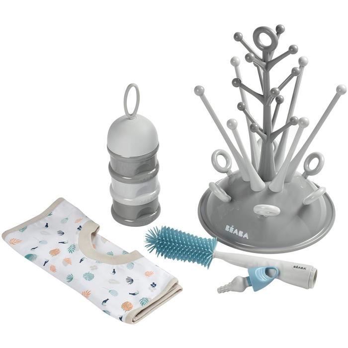 BEABA Geschenkset für Neugeborene, Flaschentrockner in Baumform (grau) + Messbecher für hellen/dunklen Sprühnebel + Silikon-Flaschenbürste + Lätzchen aus tropischer Baumwolle