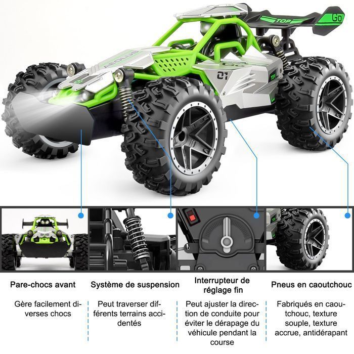 Carro todo-terreno com controle remoto - 2,4 GHz - Veículo off-road de alta velocidade (15 km/h) com farol - Verde