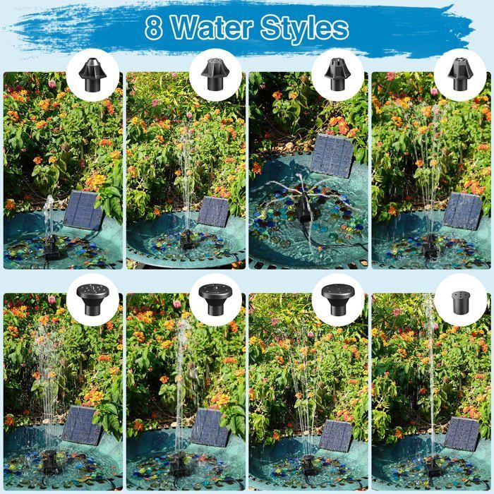 Solar-Gartenbrunnen, verbesserte schwimmende Solar-Teichpumpe (Modelljahr 2024), Solar-Glasbrunnen mit 8 Düsen, 3 m Kabel
