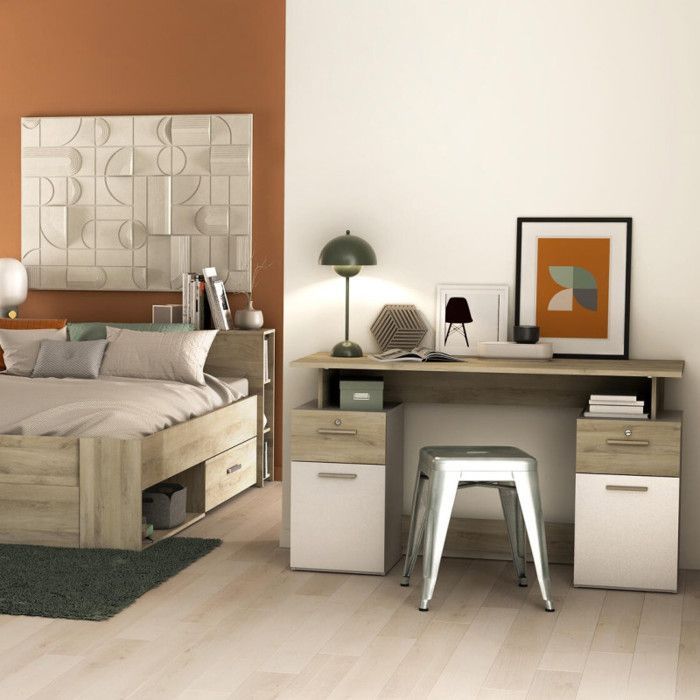 Bureau avec rangements - PLATON - Chêne / blanc mat - L134,8 x P55 x H76,4 cm - DEMEYRE