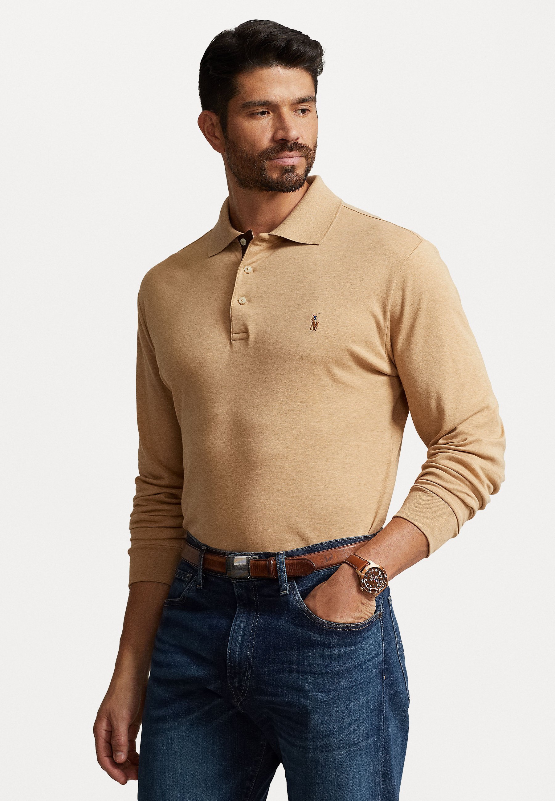 Polo Ralph Lauren Big & Tall zacht katoenen poloshirt met lange mouwen - Poloshirt - klassiek camelkleurig gemêleerd